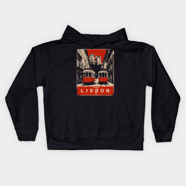 Lisbon Tram - Vintage Japanese-Style Portuguese Travel Art Kids Hoodie by TuncGK