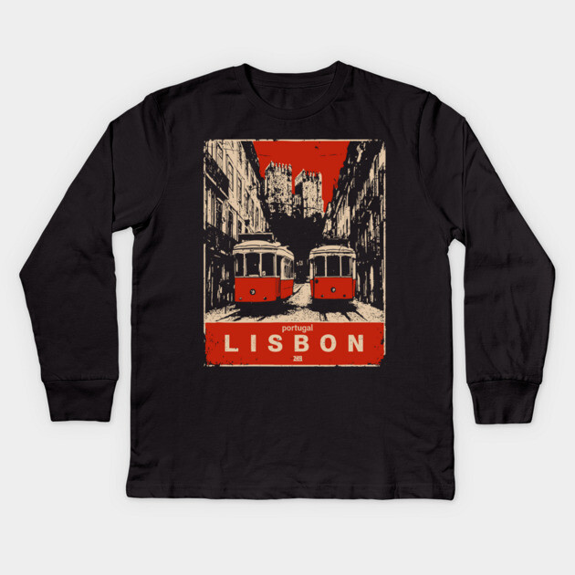 Lisbon Tram - Vintage Japanese-Style Portuguese Travel Art Kids Long Sleeve T-Shirt by TuncGK