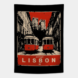 Lisbon Tram - Vintage Japanese-Style Portuguese Travel Art Tapestry