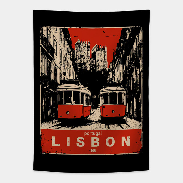Lisbon Tram - Vintage Japanese-Style Portuguese Travel Art Tapestry by TuncGK