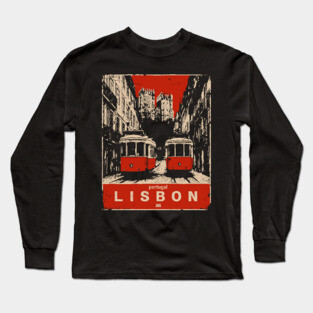 Lisbon Tram - Vintage Japanese-Style Portuguese Travel Art Long Sleeve T-Shirt