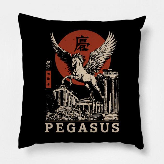 Mythical Pegasus - Vintage Japanese-Style Fantasy Art with Kanj Pillow by TuncGK