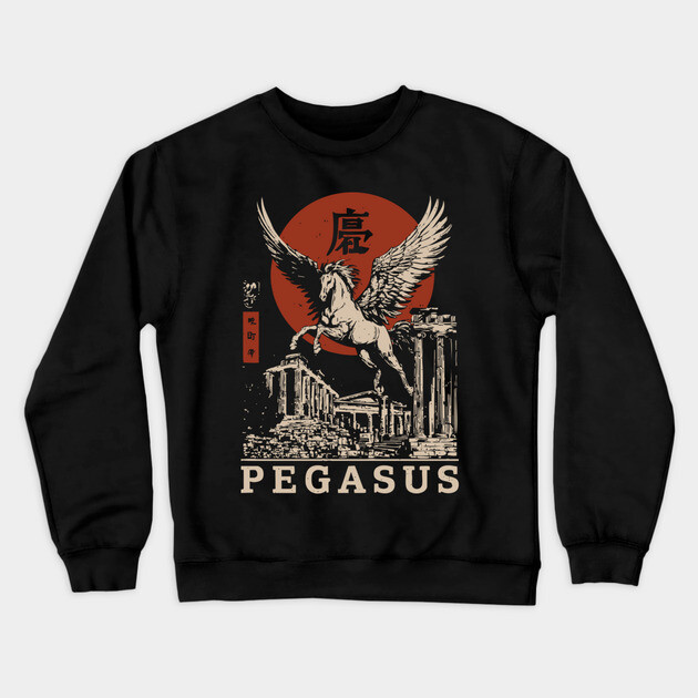 Mythical Pegasus - Vintage Japanese-Style Fantasy Art with Kanj Crewneck Sweatshirt by TuncGK