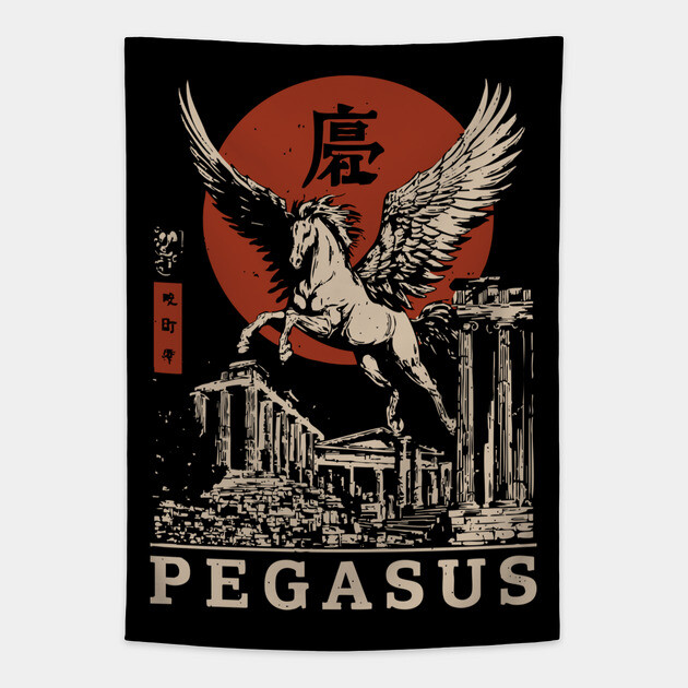Mythical Pegasus - Vintage Japanese-Style Fantasy Art with Kanj Tapestry by TuncGK
