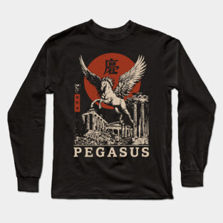 Mythical Pegasus - Vintage Japanese-Style Fantasy Art with Kanj Long Sleeve T-Shirt