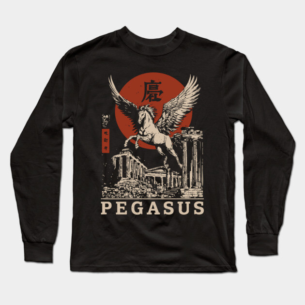 Mythical Pegasus - Vintage Japanese-Style Fantasy Art with Kanj Long Sleeve T-Shirt by TuncGK