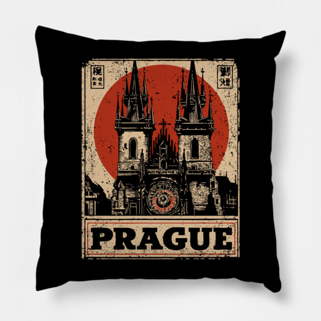 Prague Astronomical Clock - Vintage Japanese-Style Czech Travel Art Pillow by TuncGK