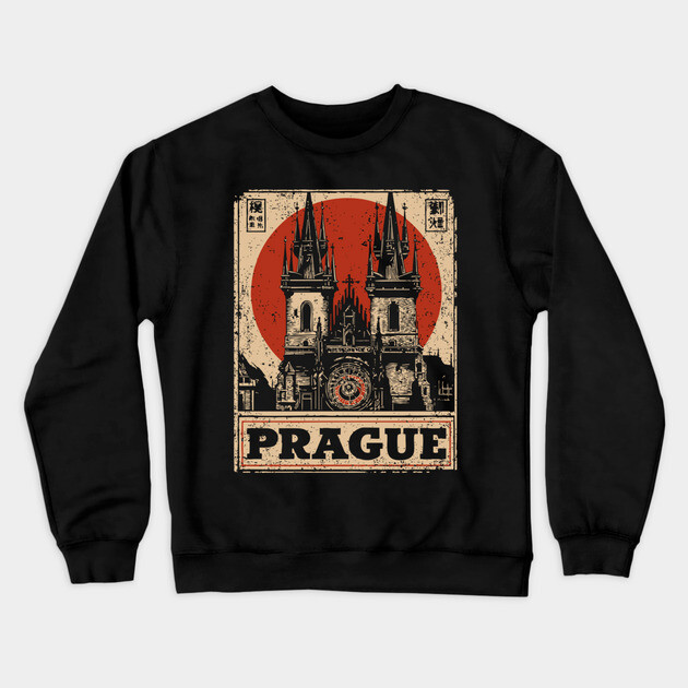 Prague Astronomical Clock - Vintage Japanese-Style Czech Travel Art Crewneck Sweatshirt by TuncGK