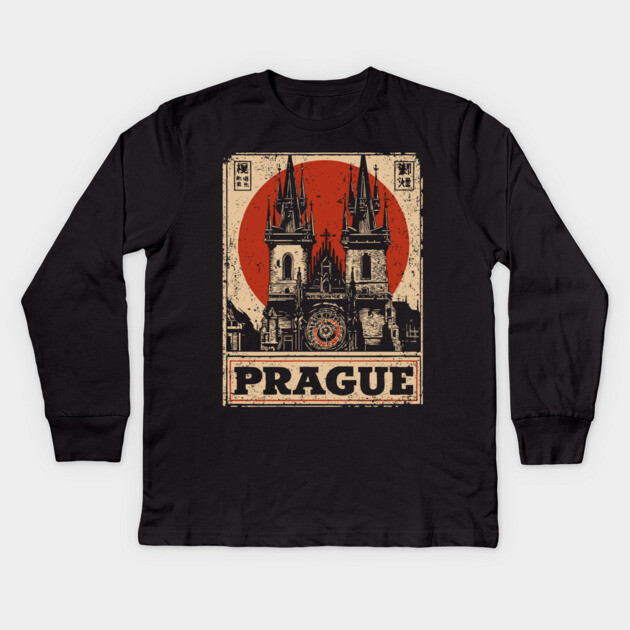 Prague Astronomical Clock - Vintage Japanese-Style Czech Travel Art Kids Long Sleeve T-Shirt by TuncGK