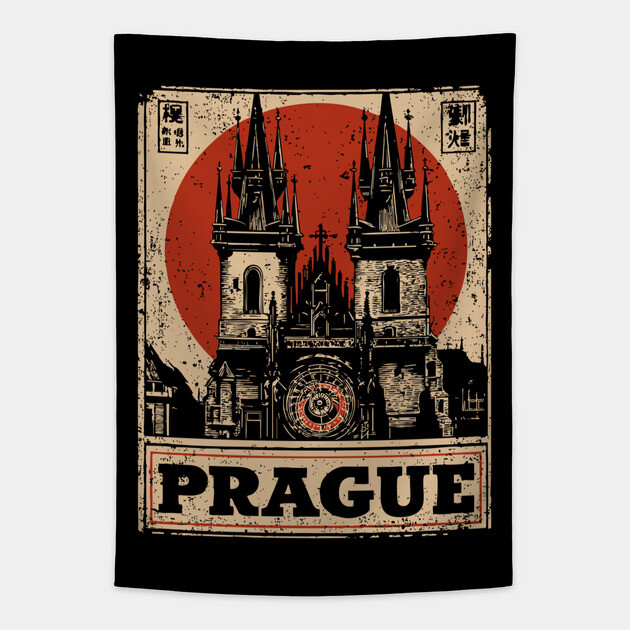 Prague Astronomical Clock - Vintage Japanese-Style Czech Travel Art Tapestry by TuncGK