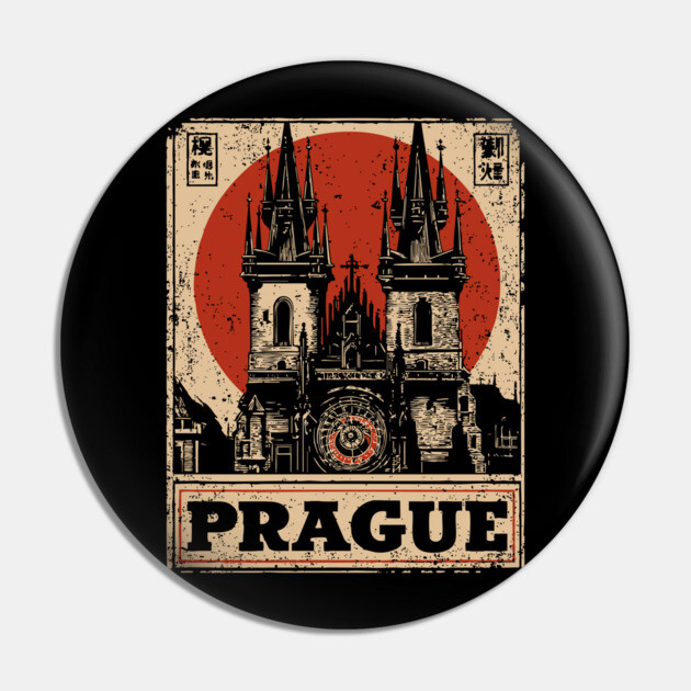 Prague Astronomical Clock - Vintage Japanese-Style Czech Travel Art Pin by TuncGK