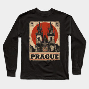 Prague Astronomical Clock - Vintage Japanese-Style Czech Travel Art Long Sleeve T-Shirt