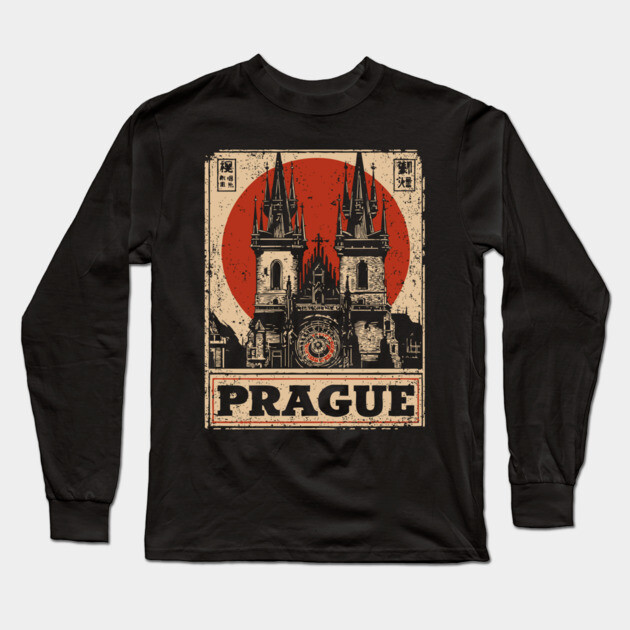 Prague Astronomical Clock - Vintage Japanese-Style Czech Travel Art Long Sleeve T-Shirt by TuncGK