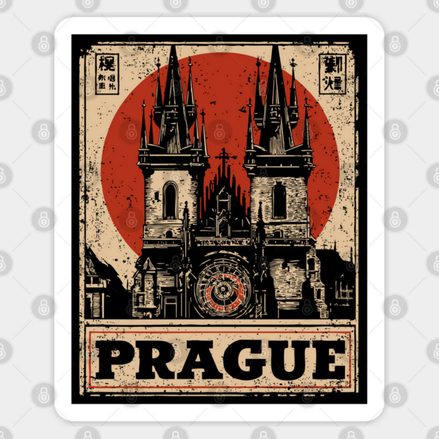 Prague Astronomical Clock - Vintage Japanese-Style Czech Travel Art Sticker by TuncGK