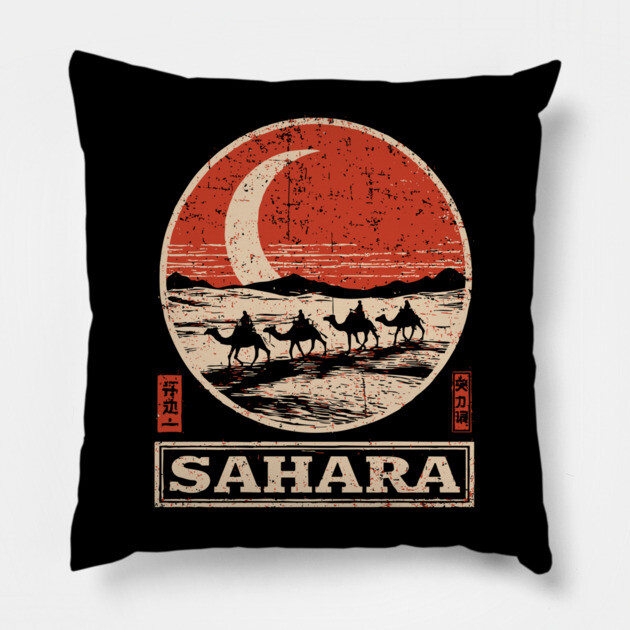 Sahara Desert Caravan - Vintage Japanese-Style Travel Art Pillow by TuncGK