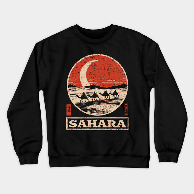 Sahara Desert Caravan - Vintage Japanese-Style Travel Art Crewneck Sweatshirt by TuncGK