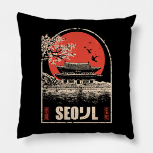 Seoul Cherry Blossoms - Vintage Japanese-Style Korean Travel Art Pillow