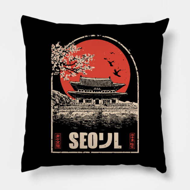 Seoul Cherry Blossoms - Vintage Japanese-Style Korean Travel Art Pillow by TuncGK