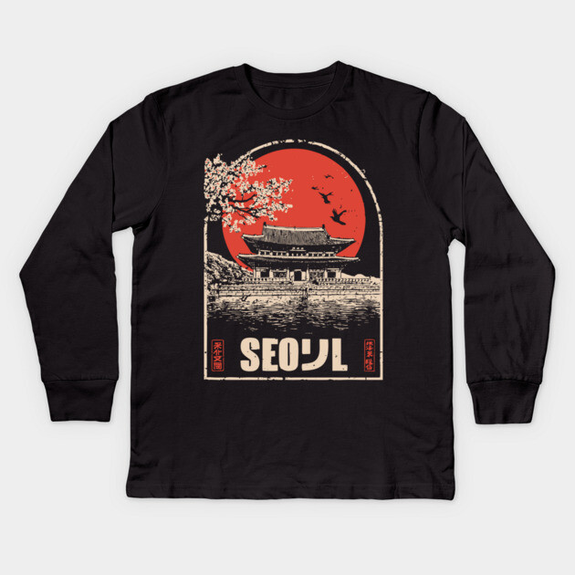 Seoul Cherry Blossoms - Vintage Japanese-Style Korean Travel Art Kids Long Sleeve T-Shirt by TuncGK