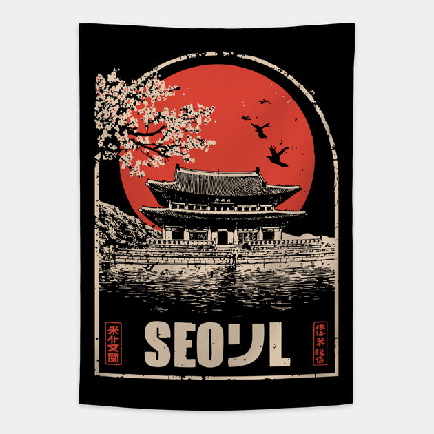 Seoul Cherry Blossoms - Vintage Japanese-Style Korean Travel Art Tapestry by TuncGK