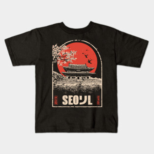 Seoul Cherry Blossoms - Vintage Japanese-Style Korean Travel Art Kids T-Shirt