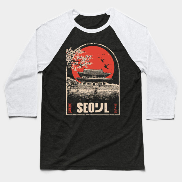 Seoul Cherry Blossoms - Vintage Japanese-Style Korean Travel Art Baseball T-Shirt by TuncGK