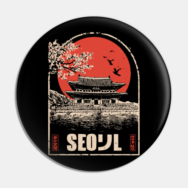 Seoul Cherry Blossoms - Vintage Japanese-Style Korean Travel Art Pin by TuncGK