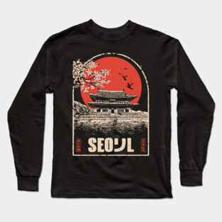 Seoul Cherry Blossoms - Vintage Japanese-Style Korean Travel Art Long Sleeve T-Shirt