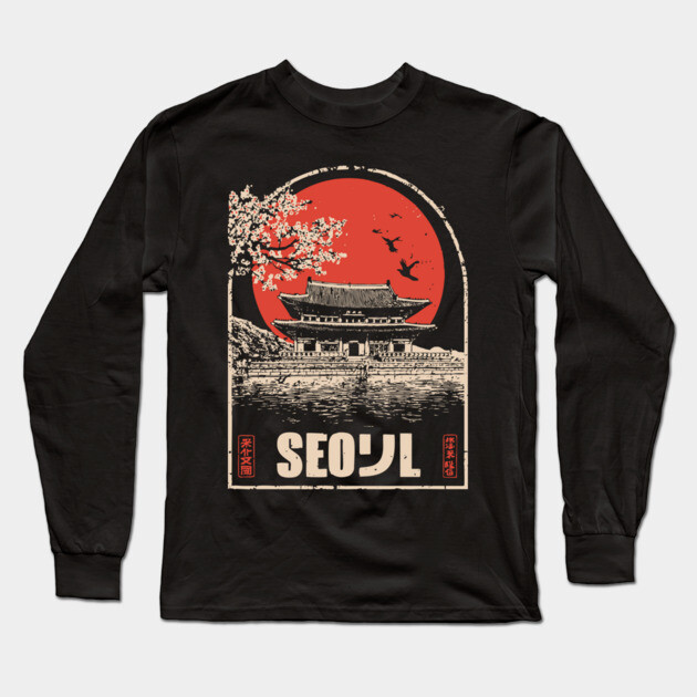 Seoul Cherry Blossoms - Vintage Japanese-Style Korean Travel Art Long Sleeve T-Shirt by TuncGK