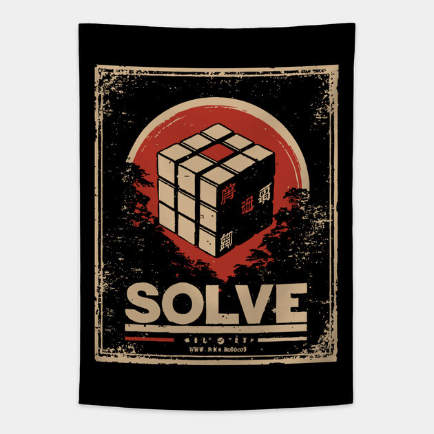 Solve Puzzle Cube - Vintage Japanese-Style Puzzle Art Tapestry by TuncGK