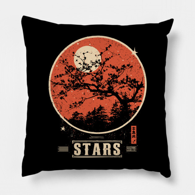 Cherry Blossom Stars - Vintage Japanese-Style Nature Art Pillow by TuncGK