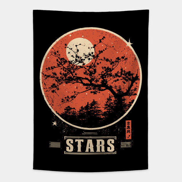 Cherry Blossom Stars - Vintage Japanese-Style Nature Art Tapestry by TuncGK