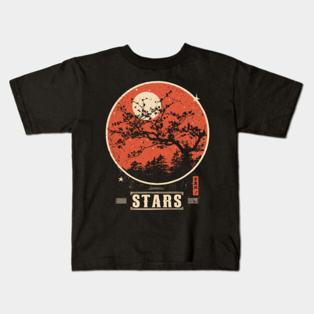 Cherry Blossom Stars - Vintage Japanese-Style Nature Art Kids T-Shirt by TuncGK