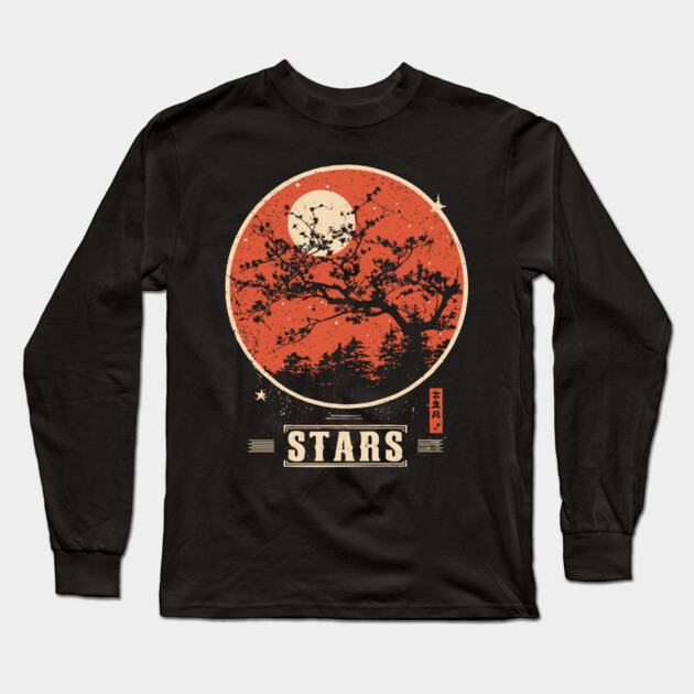 Cherry Blossom Stars - Vintage Japanese-Style Nature Art Long Sleeve T-Shirt by TuncGK