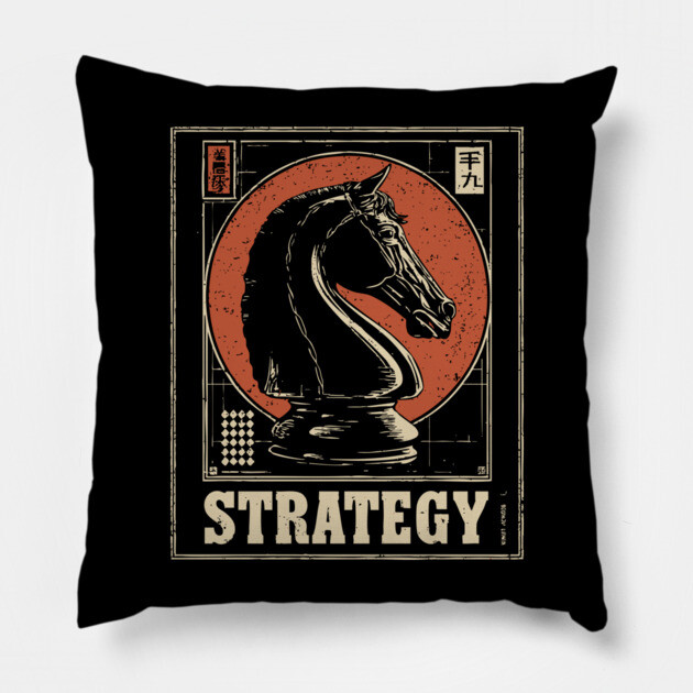 Chess Knight Strategy - Vintage Japanese-Style Game Art Pillow by TuncGK