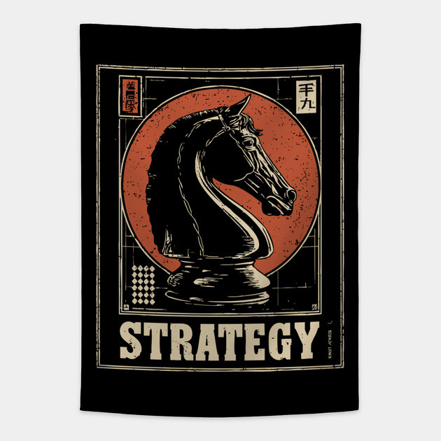 Chess Knight Strategy - Vintage Japanese-Style Game Art Tapestry by TuncGK
