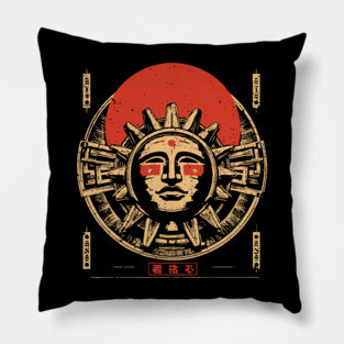 Aztec Sun God - Vintage Japanese-Style Ancient American Art Pillow