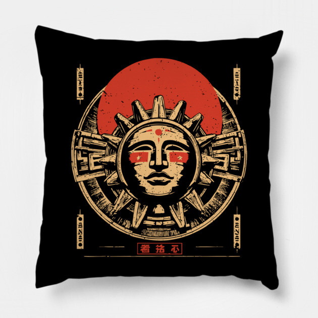 Aztec Sun God - Vintage Japanese-Style Ancient American Art Pillow by TuncGK