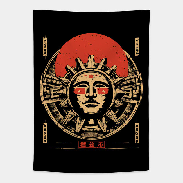 Aztec Sun God - Vintage Japanese-Style Ancient American Art Tapestry by TuncGK