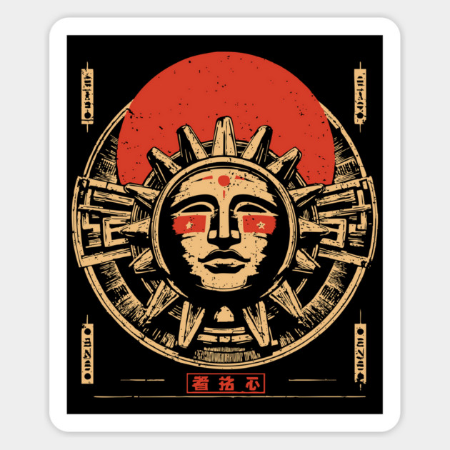 Aztec Sun God - Vintage Japanese-Style Ancient American Art Magnet by TuncGK
