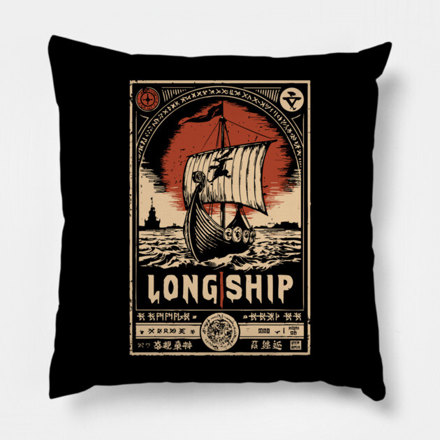 Viking Longship Voyage - Japanese-Style Norse Adventure Art Pillow by TuncGK