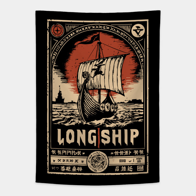 Viking Longship Voyage - Japanese-Style Norse Adventure Art Tapestry by TuncGK