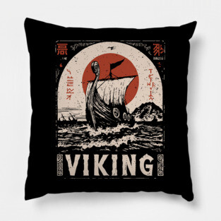 Nordic Viking Ship - Japanese-Style Scandinavian Adventure Art Pillow