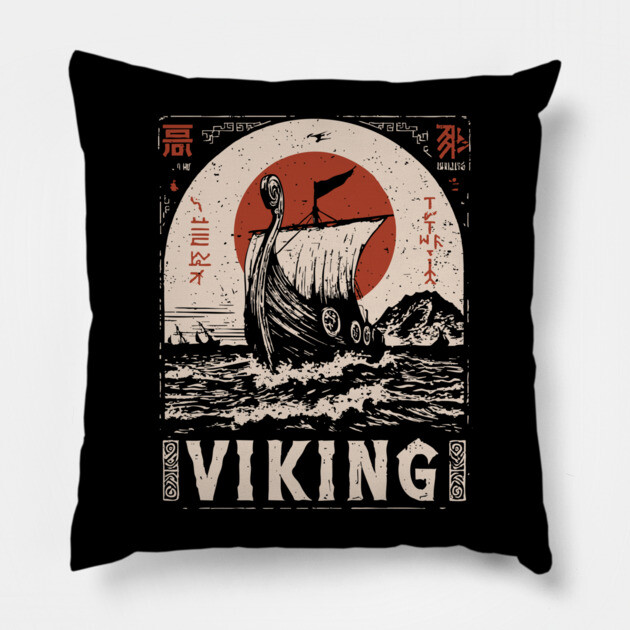 Nordic Viking Ship - Japanese-Style Scandinavian Adventure Art Pillow by TuncGK