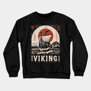 Nordic Viking Ship - Japanese-Style Scandinavian Adventure Art Crewneck Sweatshirt