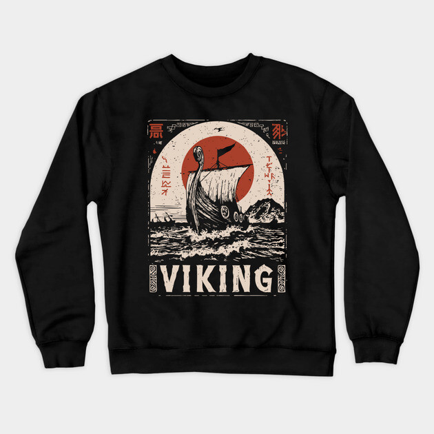 Nordic Viking Ship - Japanese-Style Scandinavian Adventure Art Crewneck Sweatshirt by TuncGK
