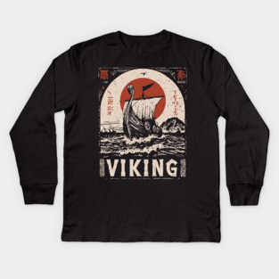 Nordic Viking Ship - Japanese-Style Scandinavian Adventure Art Kids Long Sleeve T-Shirt