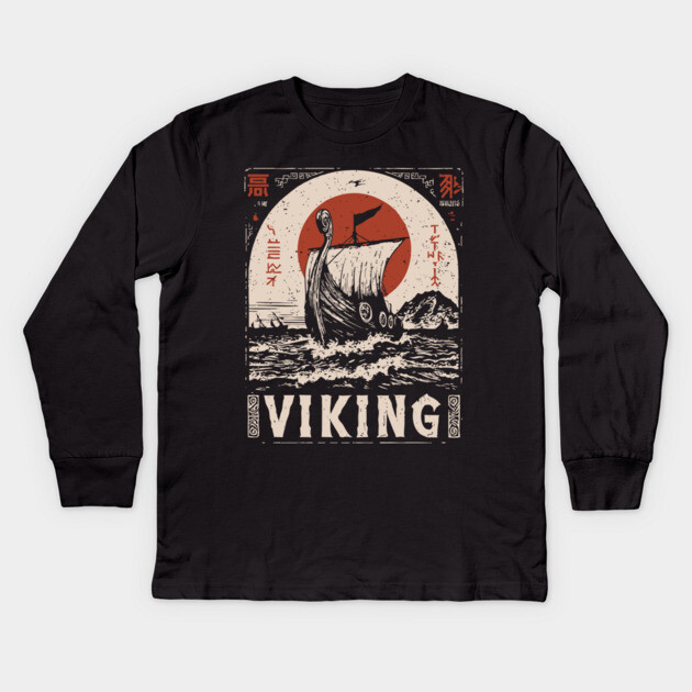 Nordic Viking Ship - Japanese-Style Scandinavian Adventure Art Kids Long Sleeve T-Shirt by TuncGK