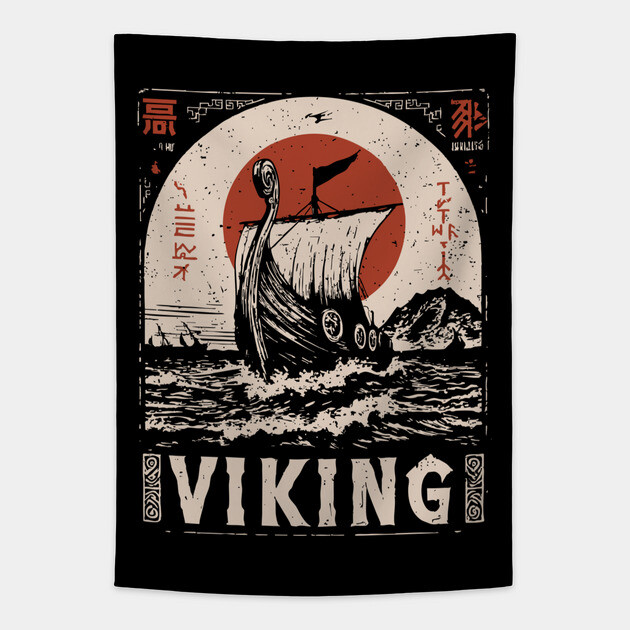 Nordic Viking Ship - Japanese-Style Scandinavian Adventure Art Tapestry by TuncGK