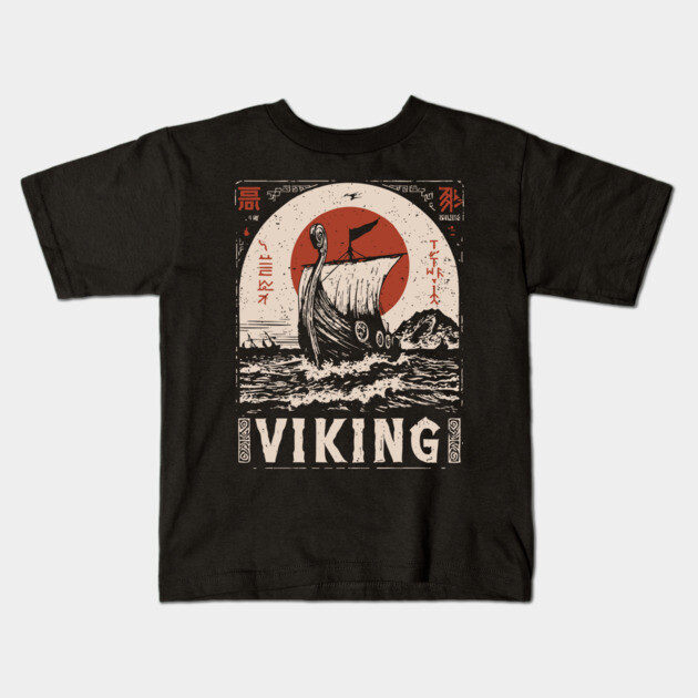 Nordic Viking Ship - Japanese-Style Scandinavian Adventure Art Kids T-Shirt by TuncGK